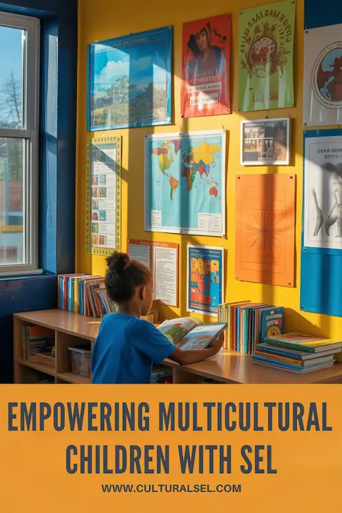Sunlight through a classroom window highlighting cultural posters, maps, and books. Big bold text says: Empowering Multicultural Children with SEL — www.culturalsel.com