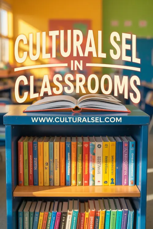 A brightly lit, heartwarming illustration of a classroom bookshelf overflowing with books. The spines of the books are clearly labeled with titles such as "Culture," "Empathy," "Language," and "Belonging." Large, whimsical typography proclaims "Cultural SEL in Classrooms — www.culturalsel.com" above the shelf, casting a soft glow. The background is a blurred, inviting classroom setting with warm-toned walls and sunlight streaming through the windows, suggesting a welcoming and inclusive learning environment.