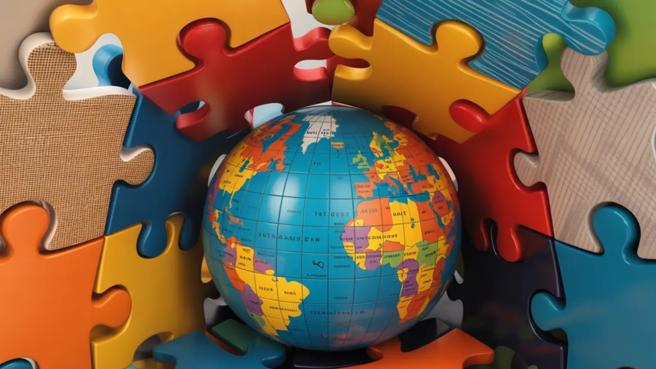 Colorful Puzzle Pieces Around a Globe A globe in the center with puzzle pieces of different colors and patterns connecting around it, symbolizing unity and culture within SEL. Featured image. www.culturalsel.com