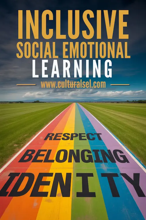 Abstract rainbow road leading to words like Respect, Belonging, Identity. Big outlined text says: Inclusive Social Emotional Learning — www.culturalsel.com