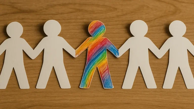 Sensitivity to Exclusion Paper cut-out figures holding hands, with one figure drawn in brighter colors, symbolizing difference and awareness. Featured image. www.culturalsel.com