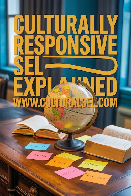 Globe on a wooden desk surrounded by open books and sticky notes with cultural phrases. Big whimsical text says: Culturally Responsive SEL Explained — www.culturalsel.com
