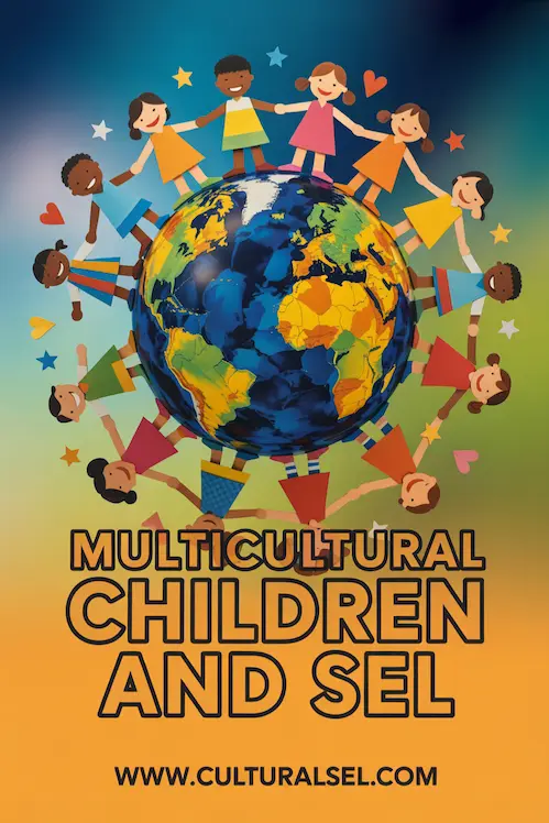 Paper cut-out figures circling a globe with stars and hearts. Big outlined text says: Multicultural Children and SEL — www.culturalsel.com. s Social Media - Pinterest