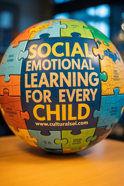 Puzzle globe with pieces painted in different colors and textures. Big bold curved text says: Social Emotional Learning Skills for Every Child — www.culturalsel.com