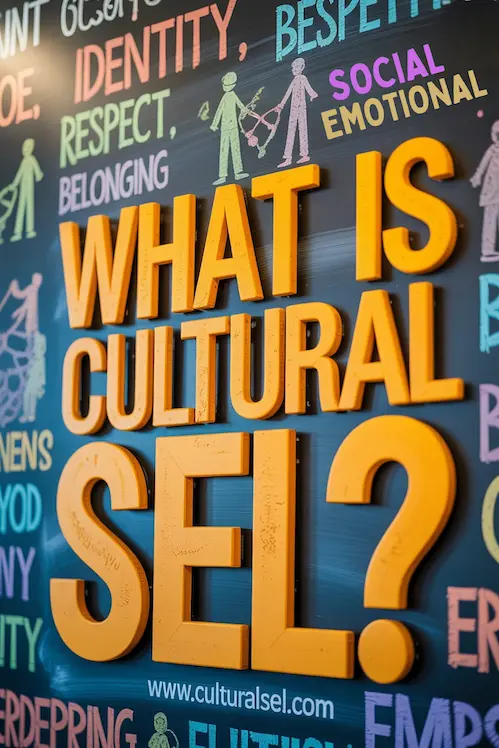 Soft chalkboard background with colorful chalk words like Identity, Respect, Belonging, Empathy scattered. Big bold text says: What Is Cultural SEL? — www.culturalsel.com