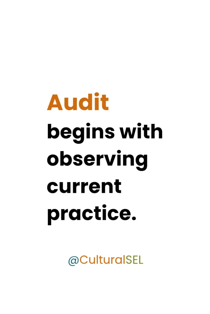 SEL audit through a cultural lens framework emphasizing observation of current classroom practices before change.Culturally Responsive Social Emotional Learning SEL