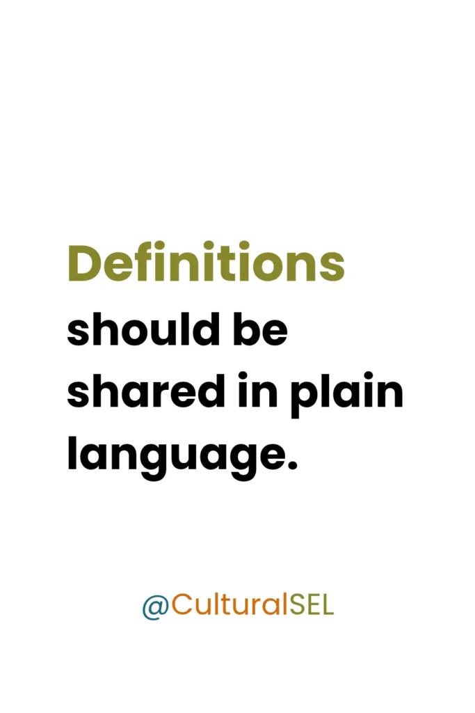Translating school SEL language for families visual emphasizing plain language definitions. Culturally Responsive Social Emotional Learning SEL