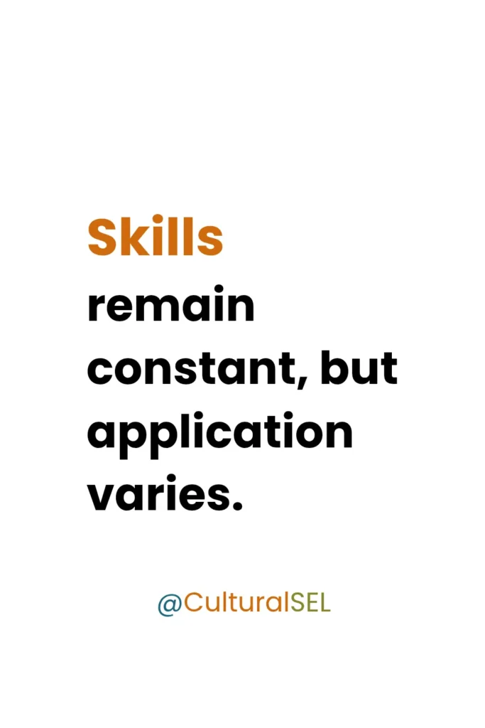 Culturally responsive SEL vs traditional SEL framework showing same skills with contextual application