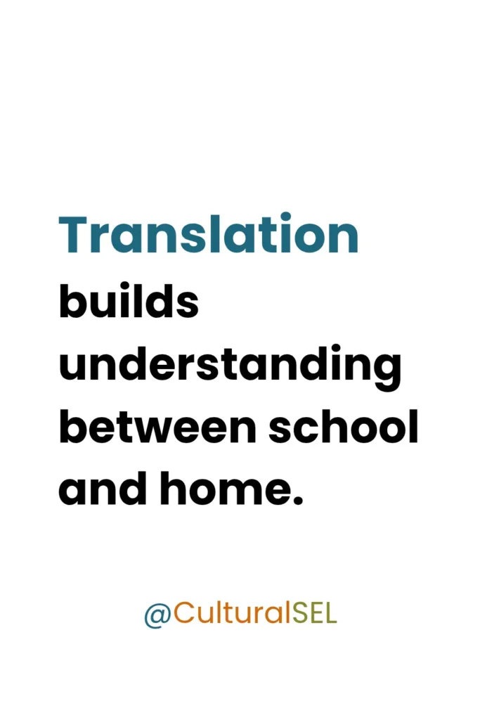 Translating school SEL language for families framework showing communication between home and school.Culturally Responsive Social Emotional Learning SEL