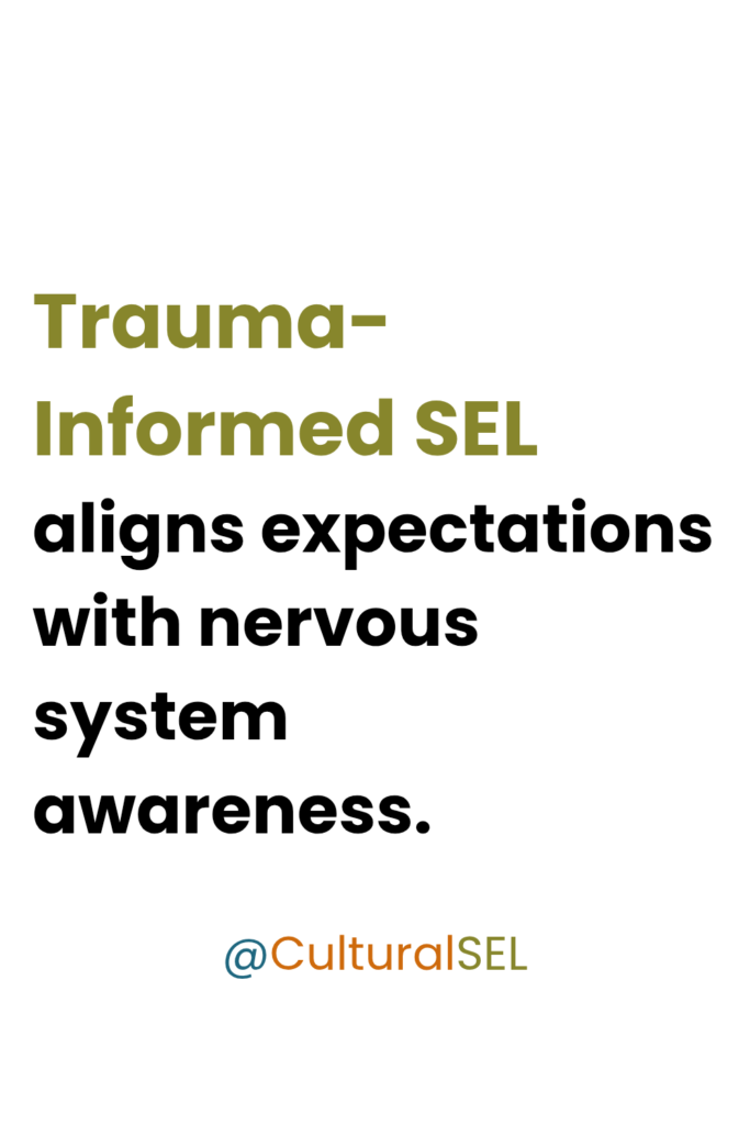 Trauma-informed SEL classroom and home model aligning expectations with regulation and stress awareness. Culturally Responsive Social Emotional Learning SEL