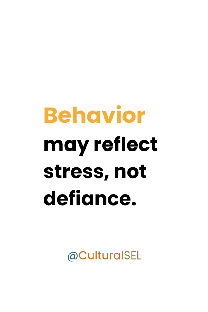 Trauma-informed social emotional learning framework explaining behavior as stress response in classrooms and home. Culturally Responsive Social Emotional Learning SEL