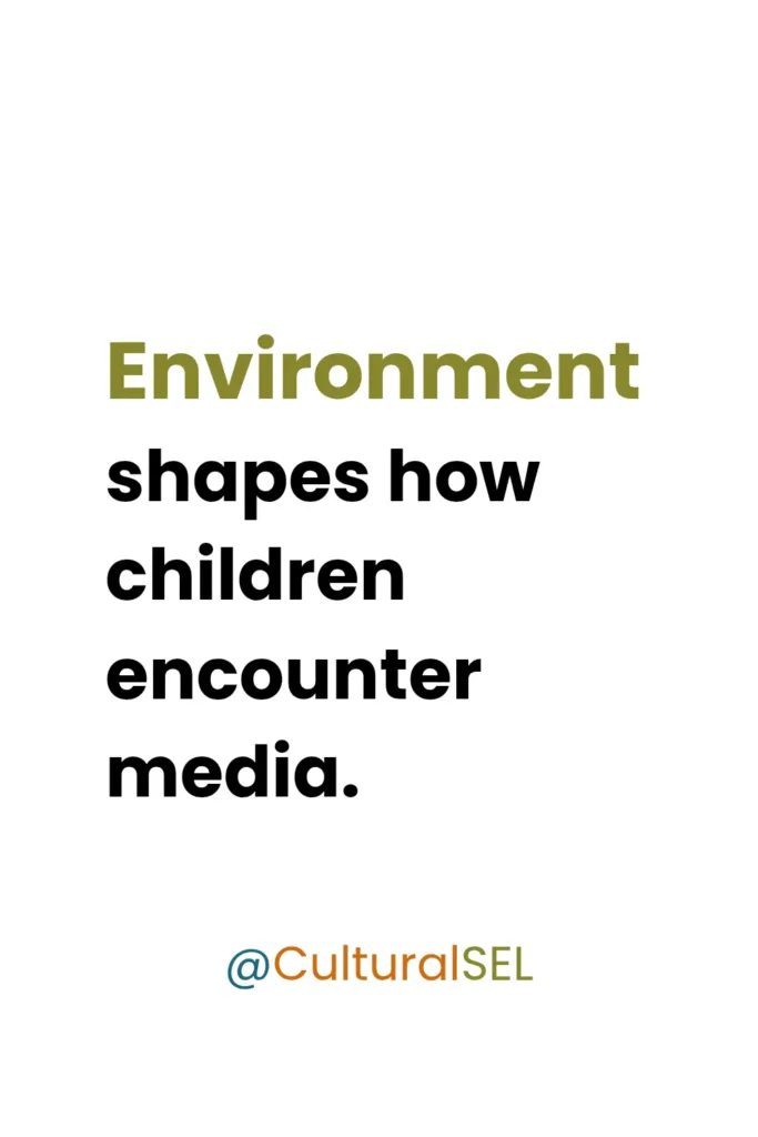 Children and social media environment graphic explaining that children encounter media through their surrounding environment. Culturally Responsive SEL