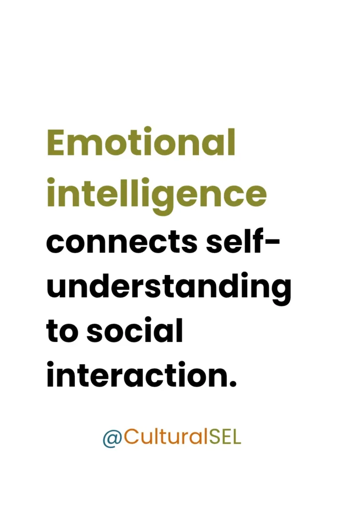 Emotional intelligence in children graphic explaining the connection between self-understanding and social interaction skills. Culturally Responsive Social Emotional Learning (SEL)
