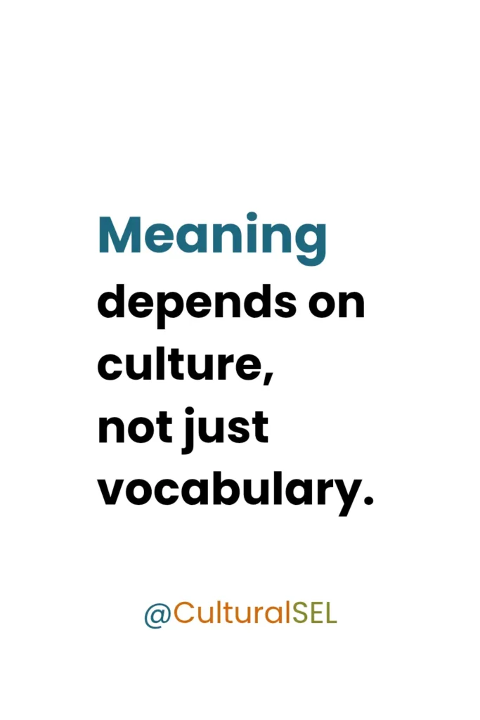 Meaning depends on culture, not just vocabulary. Emotional language is shaped by cultural understanding, not direct word translation. Culturally Responsive Social Emotional Learning (SEL)