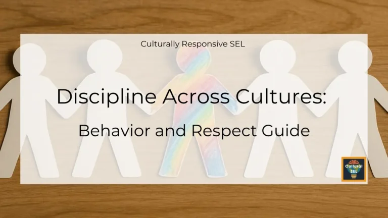 Background image of paper cutout figures holding hands with overlaid text explaining discipline across cultures around behavior and respect. Culturally Responsive Social Emotional Learning (SEL)