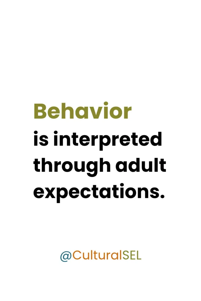 Behavior expectations and emotional regulation in school framework showing how adult expectations shape behavior interpretation. Culturally Responsive Social Emotional Learning (SEL)