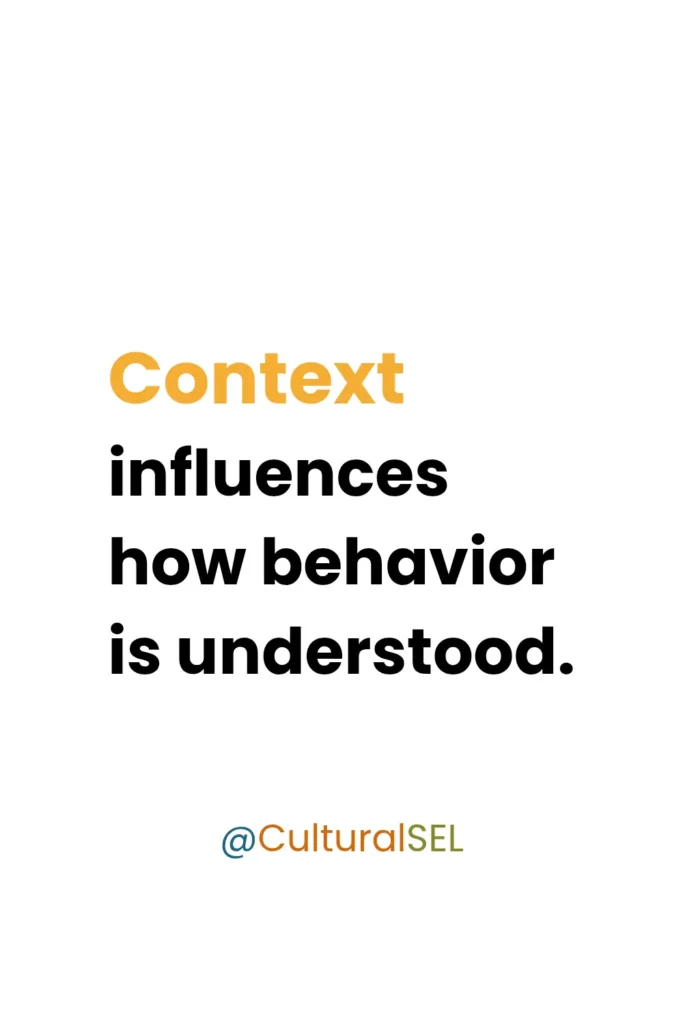 Behavior expectations and emotional regulation in school graphic explaining how context influences behavior understanding. Culturally Responsive Social Emotional Learning (SEL)