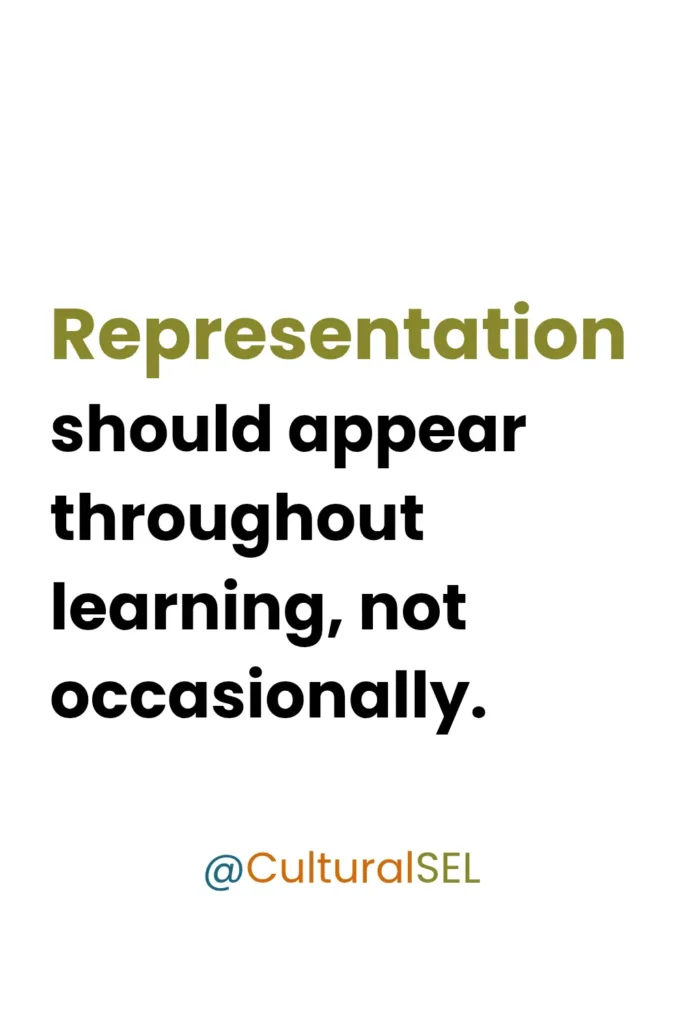Cultural belonging in social emotional learning graphic emphasizing consistent representation throughout learning materials and instruction. Culturally Responsive Social Emotional Learning (SEL)