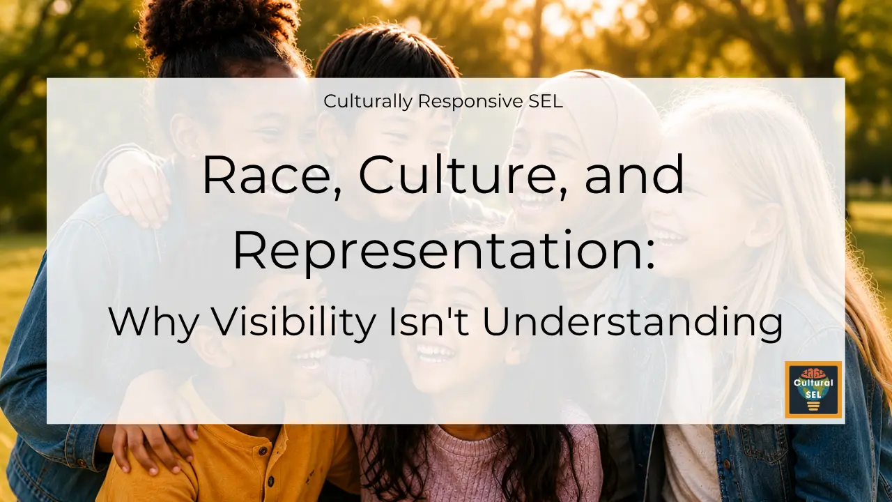 A diverse group of smiling children from different cultural and ethnic backgrounds stand closely together outdoors in a park. A translucent white overlay contains the title, "race, culture and representation: why visibility isn't understanding" with the subtitle "Culturally Responsive SEL" above it. The Cultural SEL logo appears in the bottom-right corner. The image highlights diversity, belonging, and children's social and emotional experiences across cultures. Culturally Responsive Social Emotional Learning (SEL)