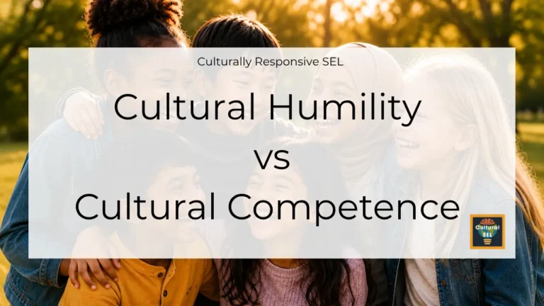 A diverse group of smiling children from different cultural and ethnic multicultural intercultural backgrounds stand closely together outdoors in a park. A translucent white overlay contains the title, "Cultural Humility vs Cultural Competence Explained" with the subtitle "Culturally Responsive SEL" above it. The Cultural SEL logo appears in the bottom-right corner. The image highlights diversity, belonging, and children's social and emotional experiences across cultures. Culturally Responsive Social Emotional Learning (SEL) and Social Emotional Development